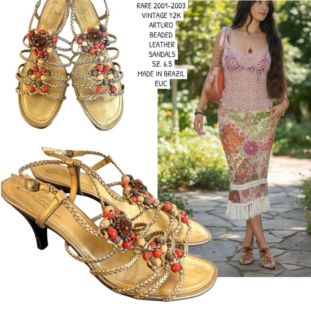 ๐ชท RARE Vintage Y2K Arturo Chiang Gold Beadedโ Sandals 6.5 ๐ชทโจ
